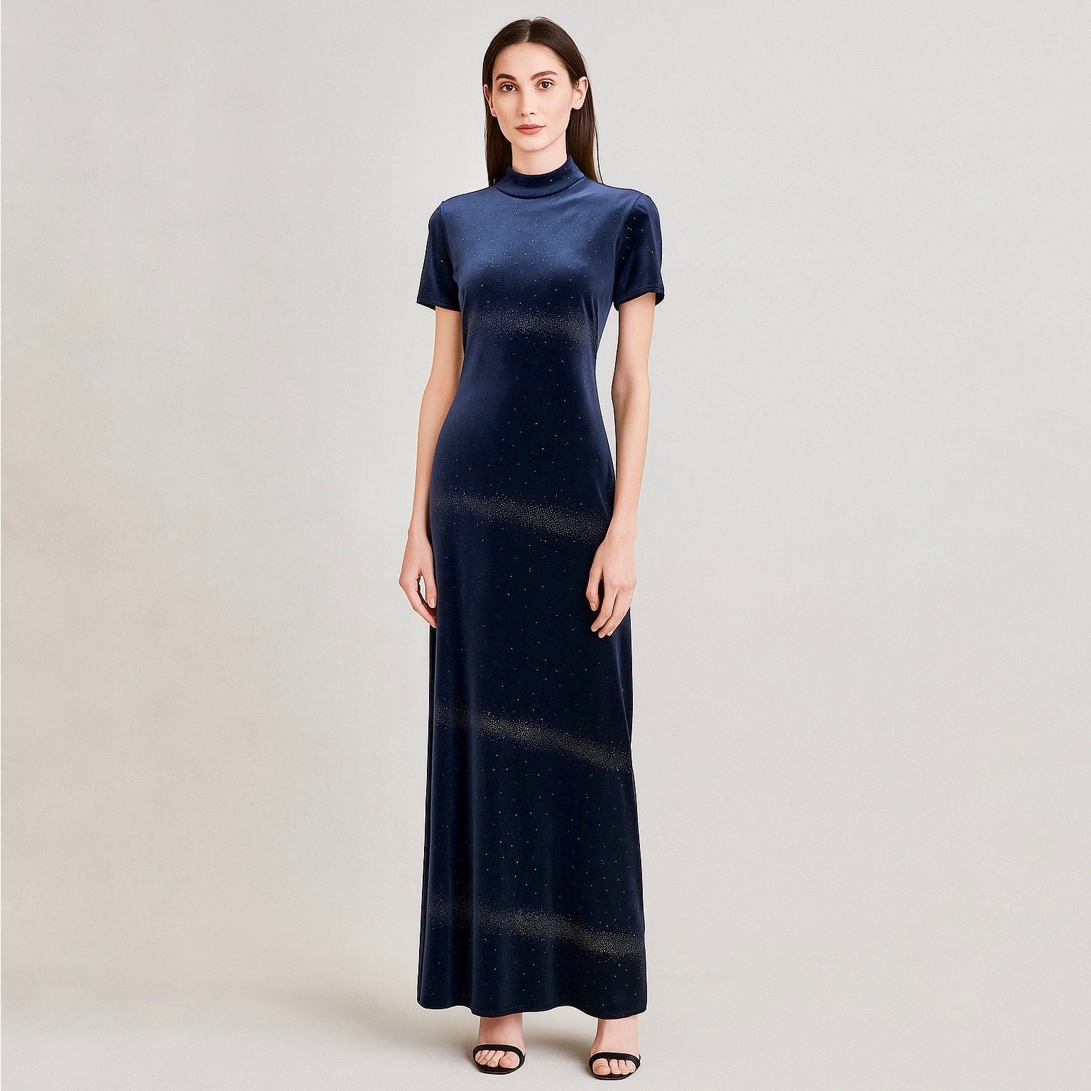Jessica Howard 90s Blue Mock Neck Short Sleeve Sheath Maxi Dress Sparkle Small